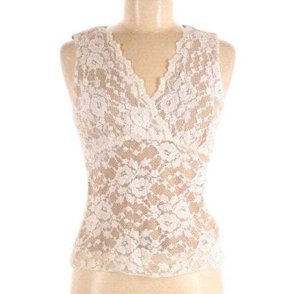 Vtg 80's Nude Netted Cream Lace Overlay Surplice Sleeveless Empire Top Sz M - Picture 4 of 9